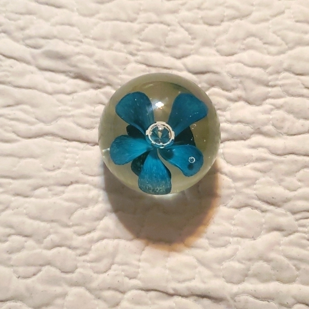 Glass Teal Blue Floral Paperweight